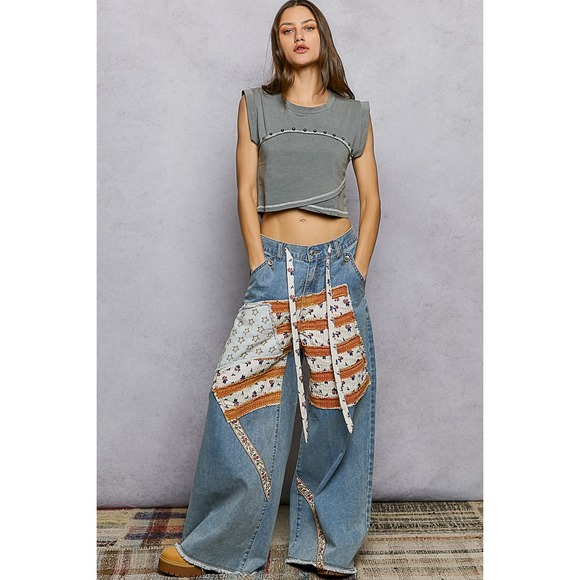 POL Denim - POL Wide Leg Denim Jeans American Flag Patch Embroidery Vintage Wash SIZE L